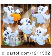 Poster, Art Print Of Ghosts With A Cat Pumpkin Candle And Tombstone In The Woods