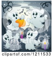 Poster, Art Print Of Ghosts With A Pumpkin Bats And Candles In A Cemetery