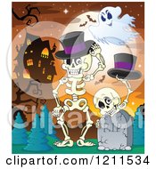 Poster, Art Print Of Ghost Over Halloween Skeletons With Top Hats At A Cemetery Near A Haunted Mansion