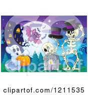 Poster, Art Print Of Halloween Ghost With A Pumpkin Bat And Skeletons In A Haunted House Cemetery