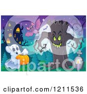 Poster, Art Print Of Halloween Ghost With A Pumpkin Bat And Ent Tree In A Haunted House Cemetery