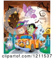 Poster, Art Print Of Bat Flying Over A Halloween Witch Vampire And Ghost Riding In A Pickup Truck Near A Haunted House