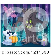 Poster, Art Print Of Halloween Ghost With A Pumpkin Bat And Ent Tree In A Haunted Forest