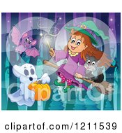 Cartoon Of A Cute Halloween Witch Girl And Black Cat Flying On A Broomstick With A Bat And Ghost In The Woods Royalty Free Vector Clipart by visekart
