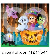 Poster, Art Print Of Bat Over A Ghost Witch And Vampire In A Halloween Jackolantern Pumpkin With A Cat And Tombstone In The Woods
