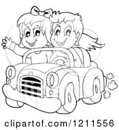 Poster, Art Print Of Outlined Happy Boy And Girl Driving In A Red Convertible Car