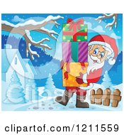 Poster, Art Print Of Santa Carrying A Stack Of Gift Boxes In A Winter Landscape