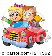 Poster, Art Print Of Happy Boy And Girl Driving In A Red Convertible Car