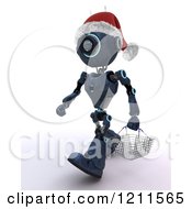 Poster, Art Print Of 3d Blue Android Robot Wearing A Santa Hat And Carrying A Shopping Basket
