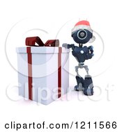 Poster, Art Print Of 3d Blue Android Robot Santa Standing By A Gift Box