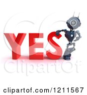 Clipart Of A 3d Blue Android Robot Leaning On YES Royalty Free CGI Illustration