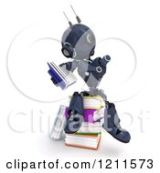 Poster, Art Print Of 3d Blue Android Robot Sitting And Reading On A Pile Of Books