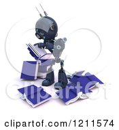Poster, Art Print Of 3d Blue Android Robot Standing And Reading In A Circle Of Books
