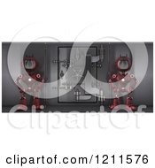 Poster, Art Print Of 3d Red Android Robots Guarding A Bank Safe Vault