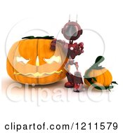 Poster, Art Print Of 3d Red Android Robot With Halloween Pumpkins