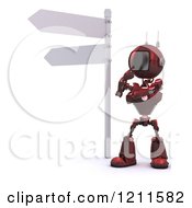 3d Red Android Robot Thinking Under A Street Sign