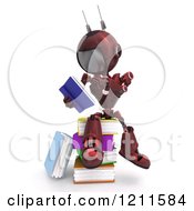 3d Red Android Robot Sitting And Reading On A Pile Of Books