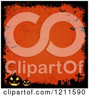 Grungy Halloween Background With A Spider Bats Pumpkins And Tombstones Around Orange Copyspace