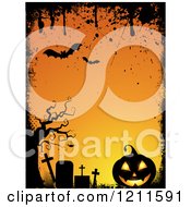 Poster, Art Print Of Grungy Halloween Background With Bats Pumpkins And Tombstones Around Orange Copyspace