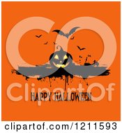 Clipart Of A Happy Halloween Greeting With A Jackolantern And Bats With Grunge On Orange Royalty Free Vector Illustration