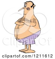 Cartoon Of A Hairy Chubby Man With Folded Arms Standing In Purple Swim Trunks Royalty Free Clipart