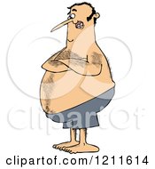 Cartoon Of A Hairy Chubby White Man With Folded Arms Standing In Blue Swim Trunks Royalty Free Vector Clipart by djart