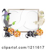 Poster, Art Print Of Happy Mummy Witch Pumpkins And Black Cats Around A Blank Sign