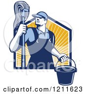 Poster, Art Print Of Retro Male Janitor Holding A Mop And Bucket Over Sunshine