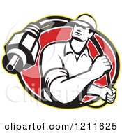 Clipart Of A Retro Cable Tv Guy With A Coaxial Cable Over A Red Oval Royalty Free Vector Illustration