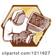 Retro Bee Keeper Holding A Smoker And Frame Over An Octagon Of Rays