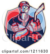Poster, Art Print Of Retro Hockey Player Holding A Stick And Crossing His Arms Over A Shield
