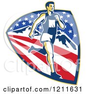 Poster, Art Print Of Retro Marathon Runner Over A Mountain American Stars And Stripes Shield