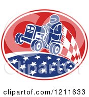Retro Man Racing A Tractor In An Oval Of Stars And Checkers