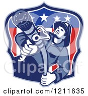 Poster, Art Print Of Retro Fire Fighter Man Holding A Hose Over An American Flag Shield