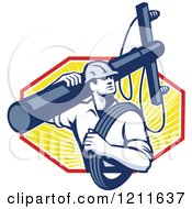 Poster, Art Print Of Retro Lineman Worker Carrying A Pole And Cable Over Rays