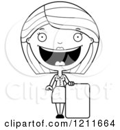 Cartoon Of A Black And White Happy Business Woman Standing With A Sign Royalty Free Vector Clipart