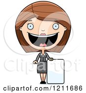 Cartoon Of A Happy Business Woman Standing With A Sign Royalty Free Vector Clipart