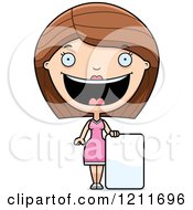 Cartoon Of A Happy Woman Standing With A Sign Royalty Free Vector Clipart