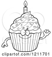 Cartoon Of A Black And White Waving Birthday Cupcake Mascot Royalty Free Vector Clipart