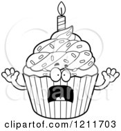 Cartoon Of A Black And White Scared Birthday Cupcake Mascot Royalty Free Vector Clipart by Cory Thoman