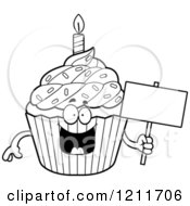 Poster, Art Print Of Black And White Birthday Cupcake Mascot Holding A Sign