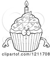 Cartoon Of A Black And White Surprised Birthday Cupcake Mascot Royalty Free Vector Clipart