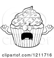 Cartoon Of A Black And White Scared Sprinkled Cupcake Mascot Royalty Free Vector Clipart
