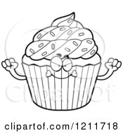 Cartoon Of A Black And White Mad Sprinkled Cupcake Mascot Royalty Free Vector Clipart