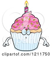 Cartoon Of A Surprised Birthday Cupcake Mascot Royalty Free Vector Clipart