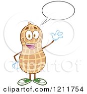 Cartoon Of A Happy Peanut Mascot Talking And Waving Royalty Free Vector Clipart