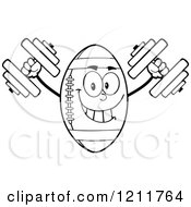 Cartoon Of An Outlined American Football Mascot Working Out With Two Dumbbells Royalty Free Vector Clipart