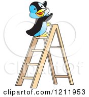 Clipart Of A Happy Penguin On A Ladder Royalty Free Vector Illustration