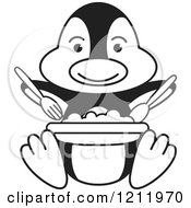 Clipart Of A Black And White Happy Penguin Eating Royalty Free Vector Illustration
