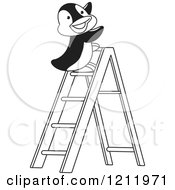 Clipart Of A Black And White Happy Penguin On A Ladder Royalty Free Vector Illustration